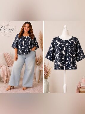 Cynthia Rowley 100% Linen Oversized Floral Dolman Top | Relaxed Fit 2X